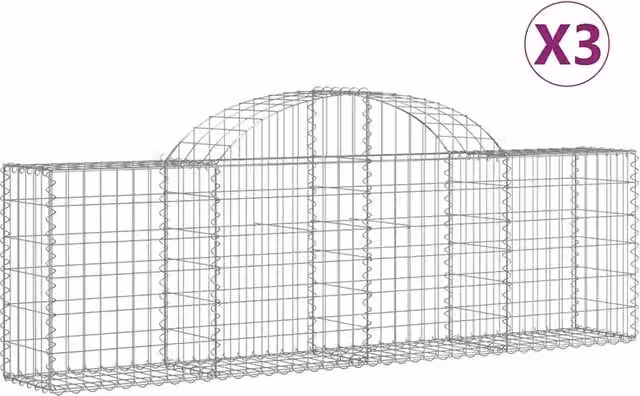 Set di 3 Cesti Gabbioni ad Arco in Ferro Zincato Grigio, L: 200 cm, P: 30 cm, H: 60/80 cm