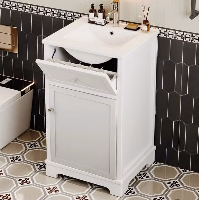Mobiletto da bagno in MDF laccato 51x46x87 cm con lavabo integrato, cassetto estraibile e ripiani regolabili, bianco