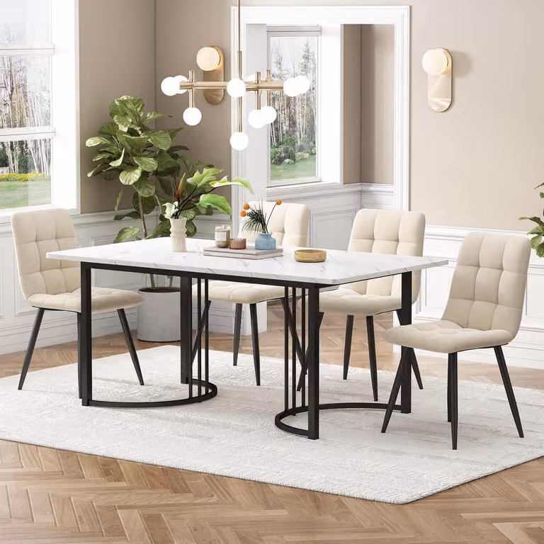 Set da pranzo 5 pezzi: tavolo da pranzo 140x80 cm con 4 sedie in velluto, colore bianco/nero