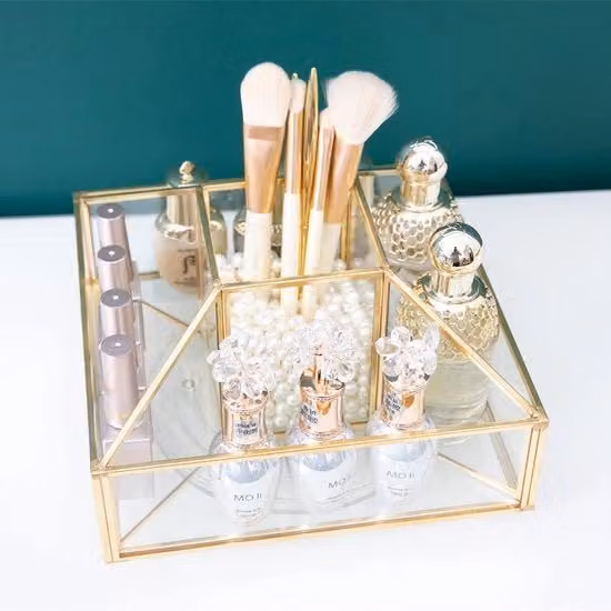 Organizzatore per cosmetici e trucco SLHEQING in vetro e metallo oro e trasparente con vassoio