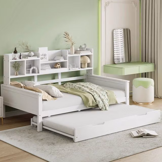 Divano letto multifunzione in legno di pino bianco 90x200 cm con letto estraibile e vano portaoggetti