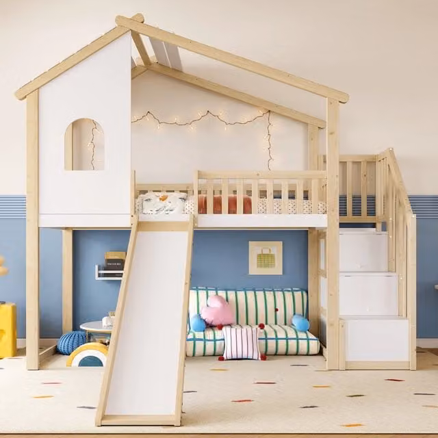 Letto a soppalco 90x200 cm con scivolo e scala contenitore; a casetta in pino; MDF e compensato; naturale e bianco