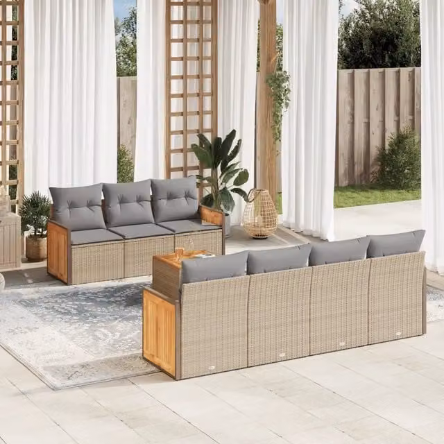 vidaXL Set Divano da Giardino 8 pz a L in Polyrattan con Cuscini Beige e Grigio – 1