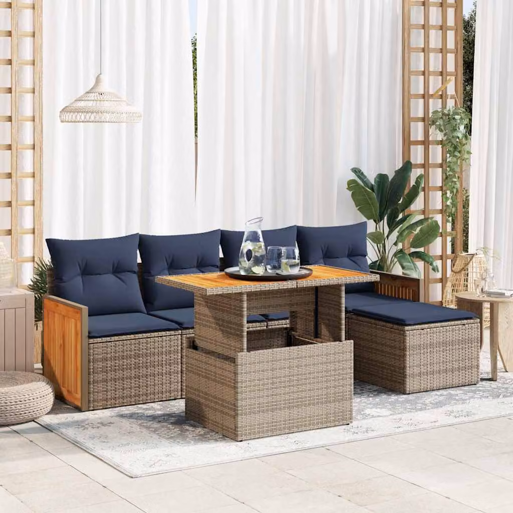 Set Divano da Giardino vidaXL 6 Pezzi a Forma di L in Polyrattan con Cuscini e Tavolino, Colore Grigio e Blu con Struttura in Legno di Acacia