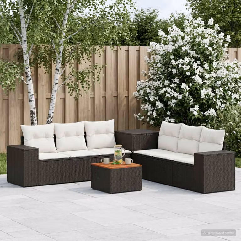 Set di divani da giardino vidaXL in polyrattan nero e bianco crema con tavolo da caffè e cuscini inclusi