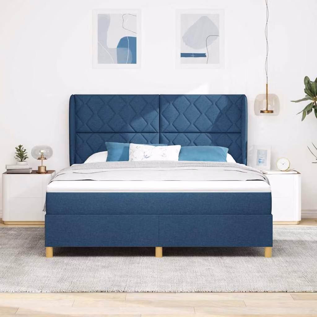 Letto matrimoniale con boxspring e cuscini, imbottitura blu, dimensioni 200 x 180 cm, rivestito in tessuto