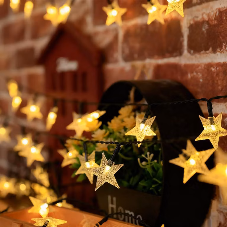 Catena luminosa solare, 6,5 metri, 30 LED a forma di stella, grado di protezione IP65, 8 modalità, luce bianca calda