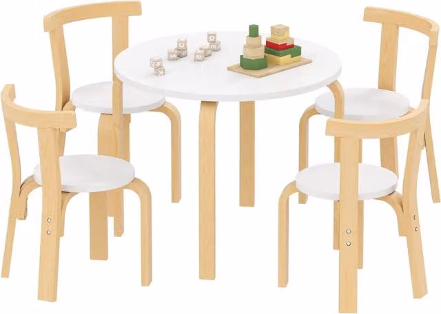 Set Tavolo e 4 Sedie per Bambini DESIGN IN in Legno Bianco con Bordi Arrotondati e Stile Scandinavo