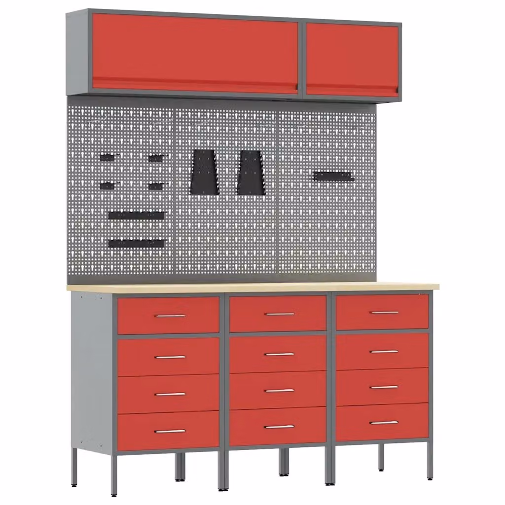 Set di mobili da lavoro vidaXL in acciaio e legno, 8 pezzi, colore rosso – 2