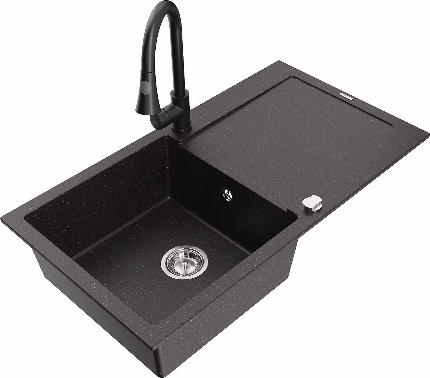 Mexen Leo lavello in granito a 1 vasca con sgocciolatoio e rubinetto da cucina Elia, nero/oro metallizzato - 6501-75-670101-70