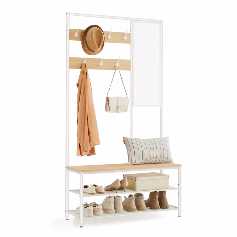 Appendiabiti con Panca Scarpiera Ganci Specchio, Rovere + Bianco