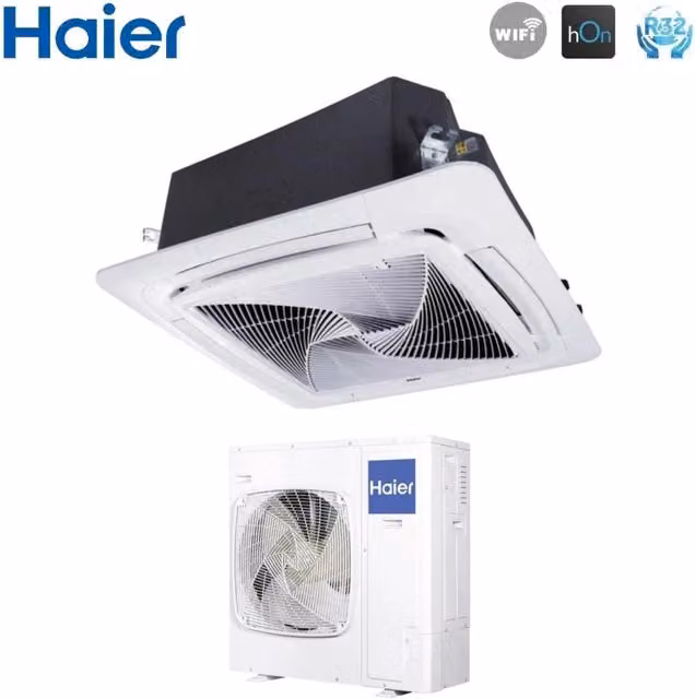 Climatizzatore Condizionatore a Cassetta Haier Round Flow 36000 Btu ABH105H1ERG Monofase R-32 con Pannello e Comando a Filo YR-E17A Colore Bianco