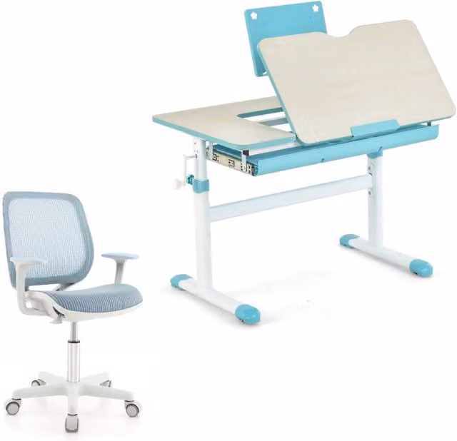 Scrivania per bambini regolabile e sedia da scrivania per bambini, Scrivania per bambini tavolo ergonomico e sedia girevole per computer Blu