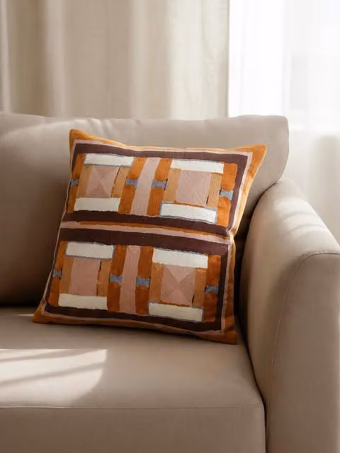 Cuscino quadrato con motivo grafico Kenay Home, color ocra, cotone, 45 x 45 cm