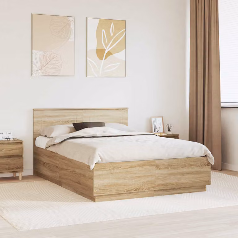Struttura del letto moderna vidaXL in legno Rovere con strisce LED e porte USB, L 140 x P 190 cm