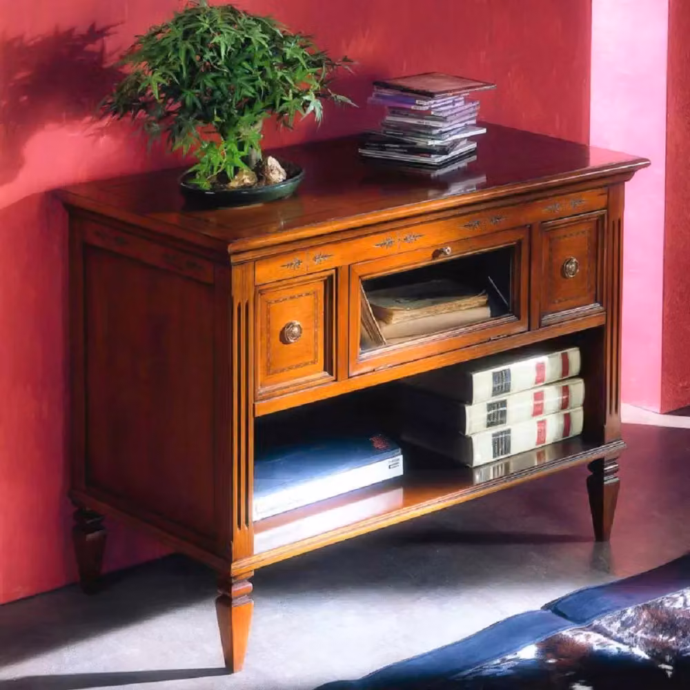 Porta TV classico in legno con 2 cassetti e 1 anta ribalta Mobili 2G finitura bassano marrone beige L 100 cm, P 51 cm, H 75 cm – 2