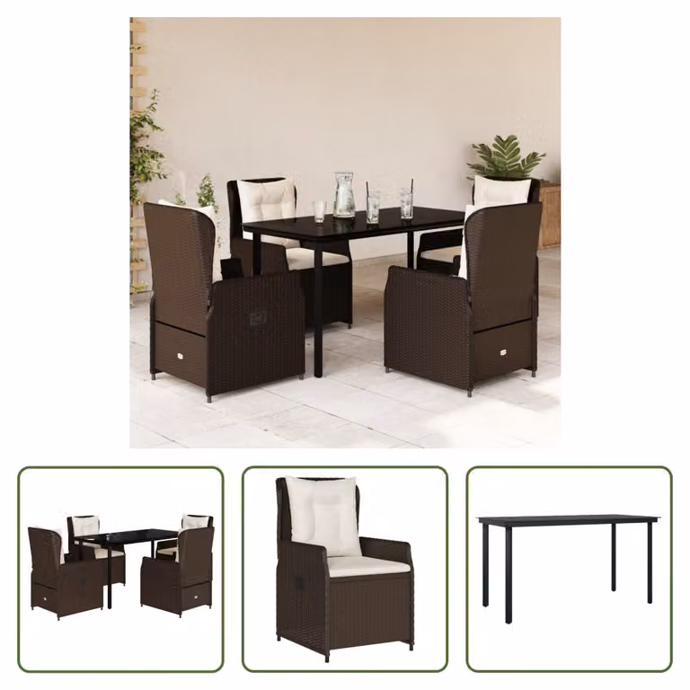 The Living Store Set da pranzo da giardino 5 pezzi con cuscini in polirattan marrone