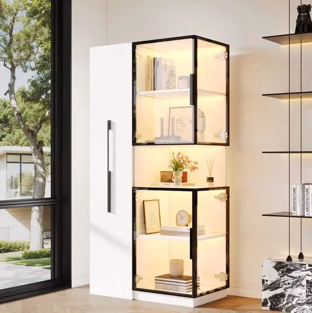 Vetrina alta con ripiani estraibili e LED multicolore; 70×38×160 cm; MDF e vetro; bianca