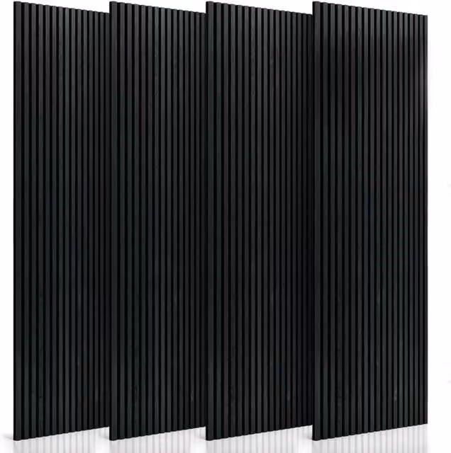 Set di 4 Pannelli Decorativi Parete RMF PRO in MDF con Effetto Legno, Rivestimento Acustico a Listelli Nero, L: 240 cm, H: 60 cm – 1