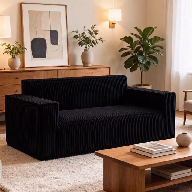 Divano lineare 2 posti con seduta profonda e comfort elevato, senza montaggio, in corduroy nero