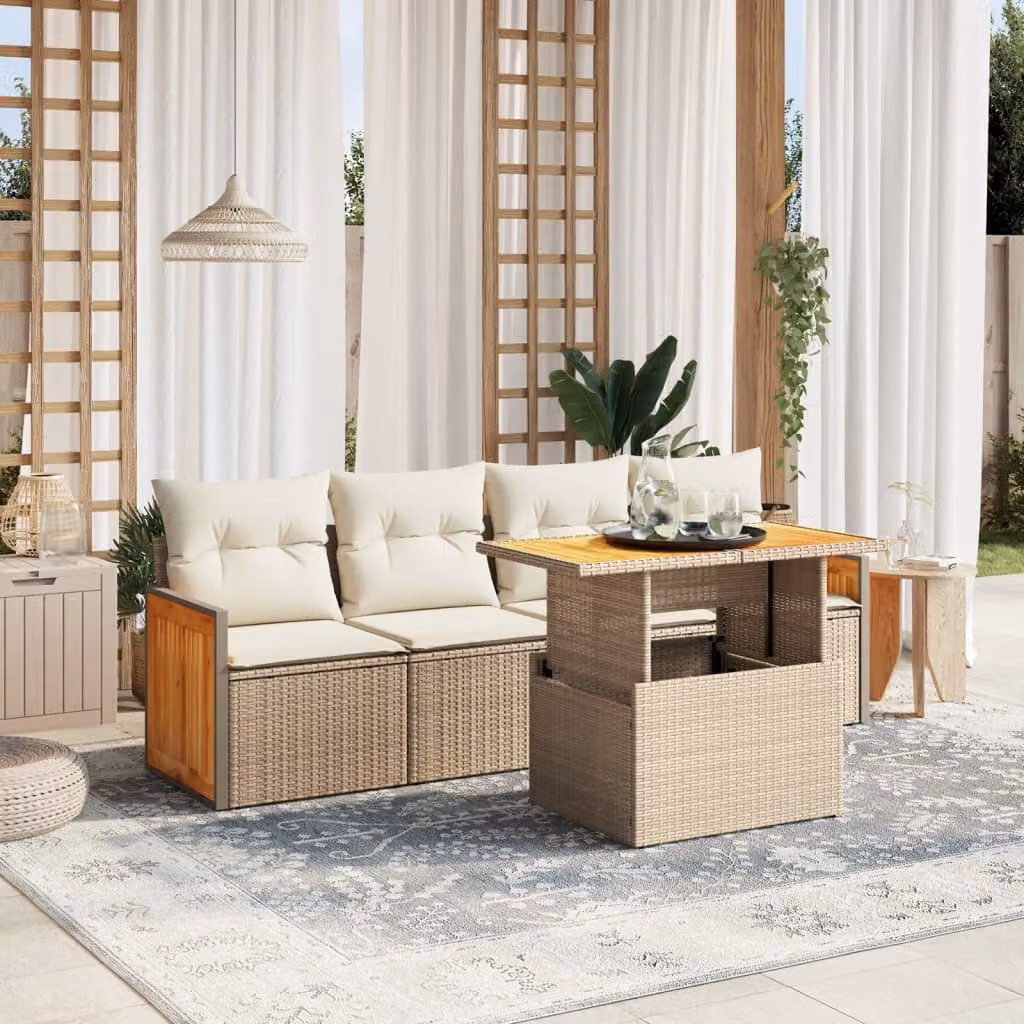 Set Divano da Giardino vidaXL 5 Pezzi con Cuscini Beige e Tavolino in Polyrattan e Legno di Acacia – 1