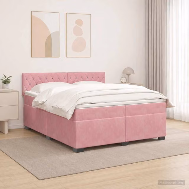 Letto con Box Spring, Materasso e Illuminazione LED vidaXL in Velluto Rosa, L/P: 200 x 200 cm