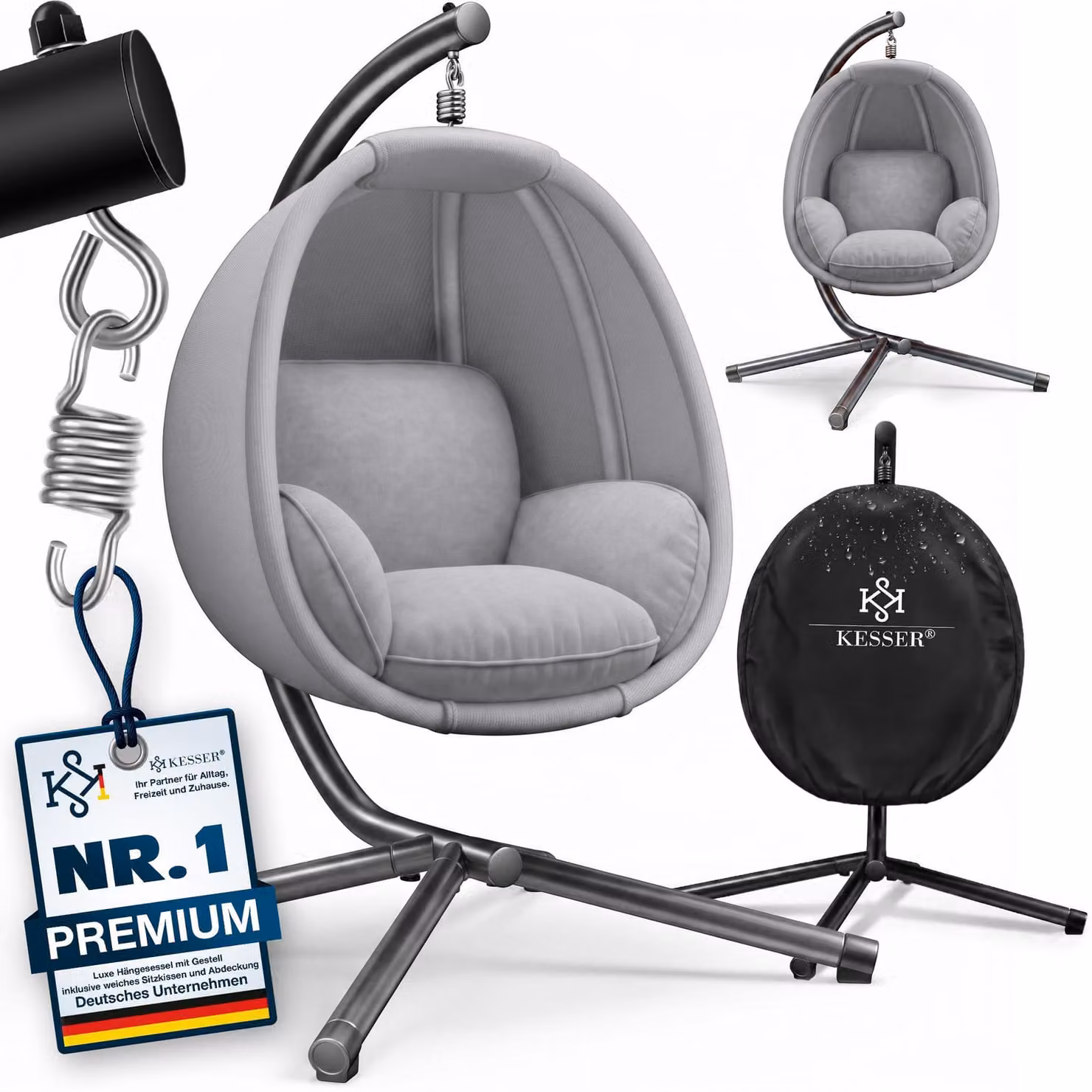 KESSER® Luxe: poltrona sospesa con struttura + morbido cuscino di seduta, imbottitura laterale, cuscini per seduta e schienale; cesto sospeso per interni ed esterni, dondolo da giardino, poltrona sospesa con base stabile, max. 150 kg
