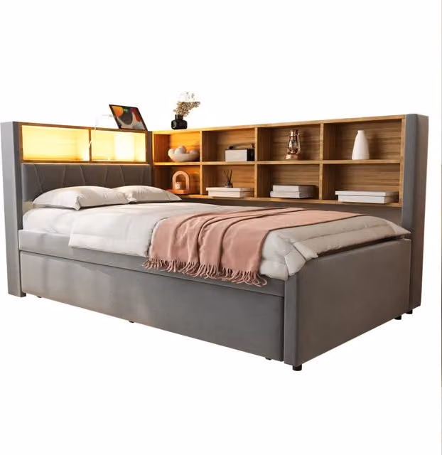 Divano letto 90x200 cm con estraibile 90x190 cm， LED， contenitore， grigio scuro， senza materasso
