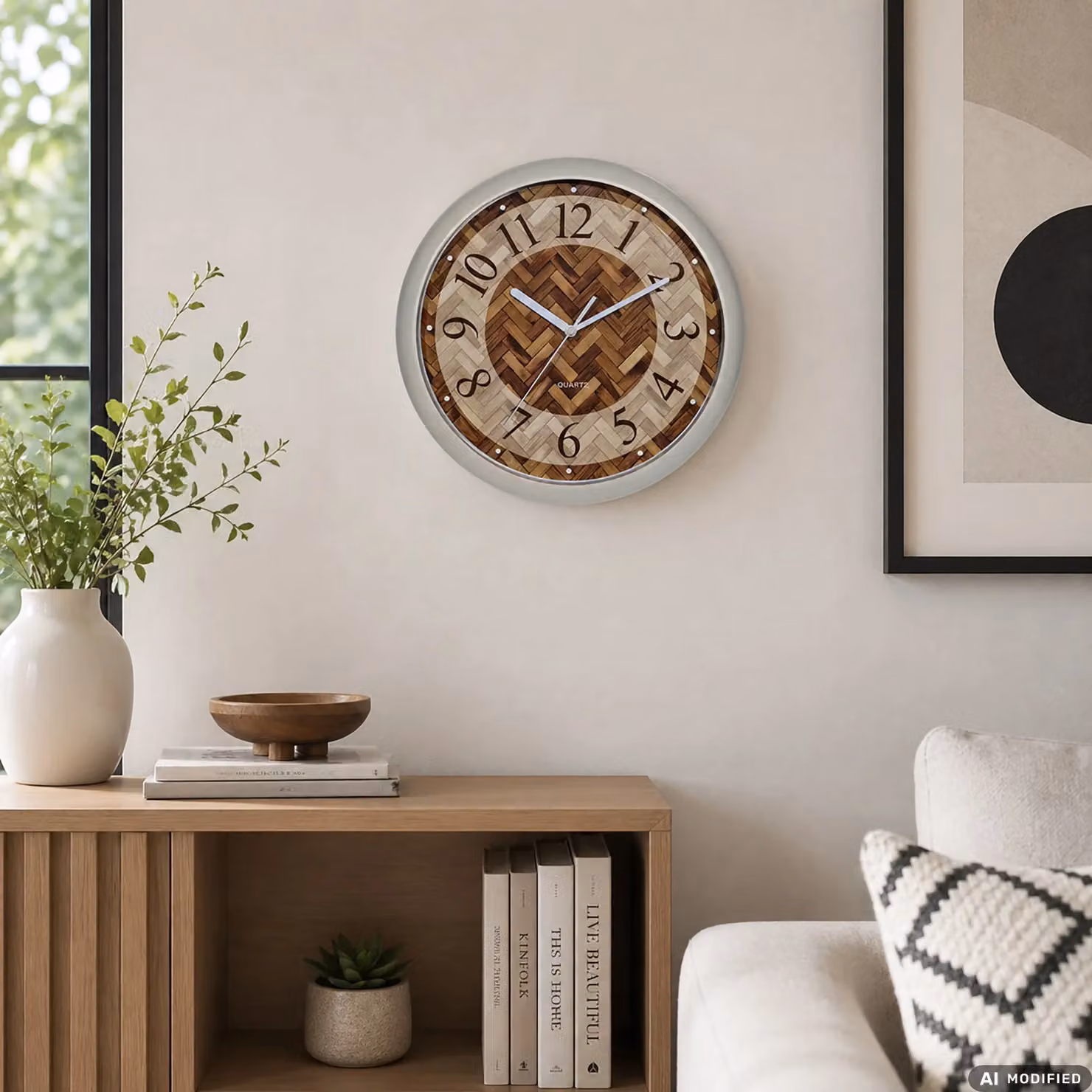 Orologio da Parete Analogico Dictrolux con Effetto Intreccio Naturale in Legno Marrone, Silenzioso, Diametro: 30 cm – 2