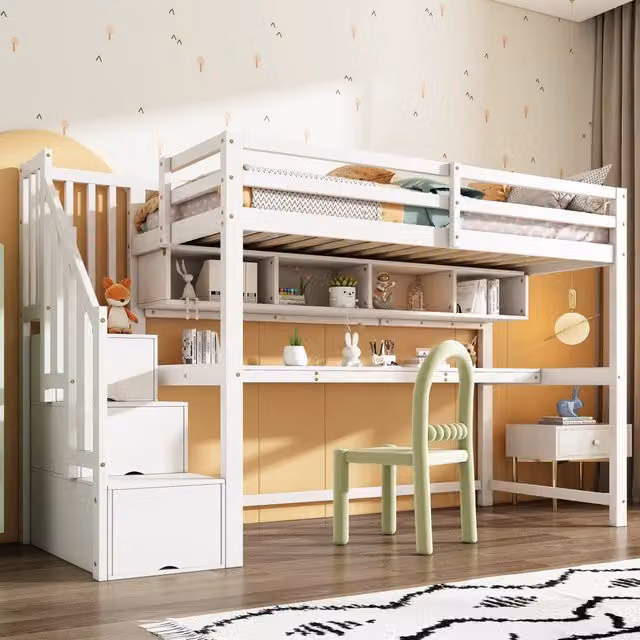 Letto alto per bambini con scala contenitore e scrivania; 90 x 200 cm; legno massello e MDF; bianco