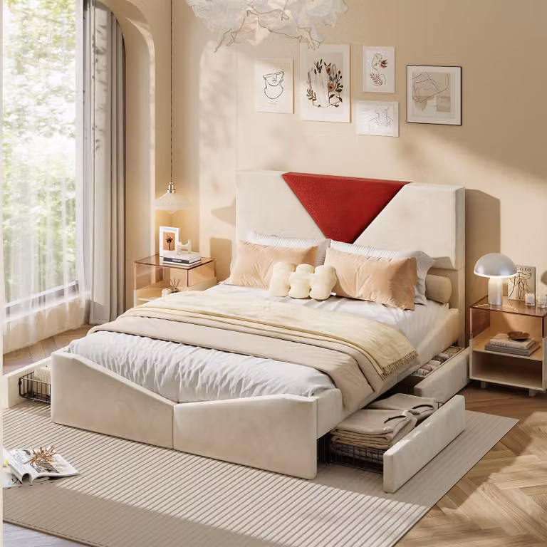 Letto imbottito 140x190 cm, beige, in velluto, matrimoniale, con cassetti. Struttura del letto imbottita con spazio contenitivo, testiera morbida, struttura in metallo robusta, letto moderno per la camera da letto