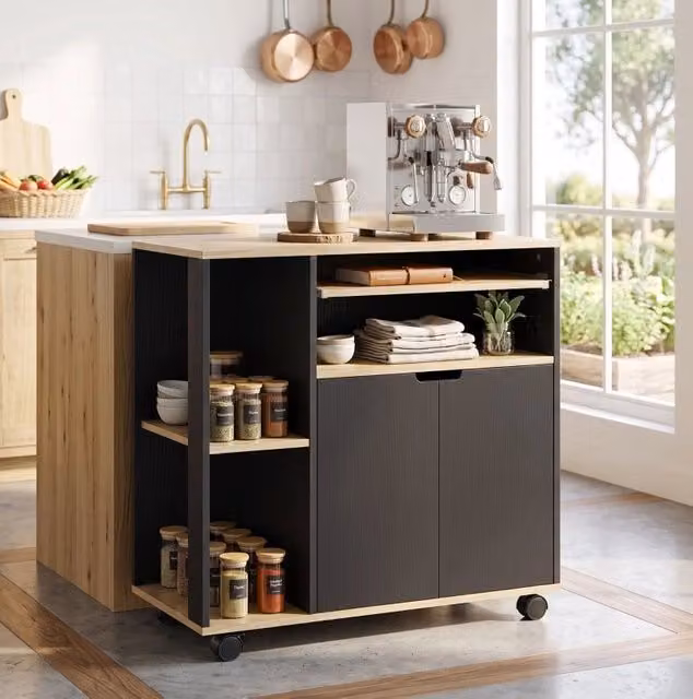 Carrello da cucina ULEVR 80x40x82 cm con ruote, armadio a 2 ante e ripiano regolabile, nero