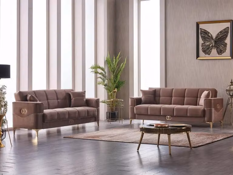 Komplette Dreisitzer Couch Polstersofa Stoff 3 Sitzer Sofa Braun 2tlg