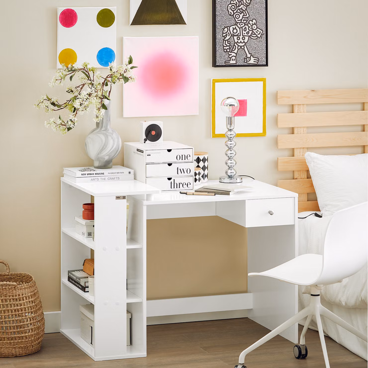 SoBuy® Scrivania con 3 ripiani, scrivania per computer, scrivania per ufficio, FWT35-W