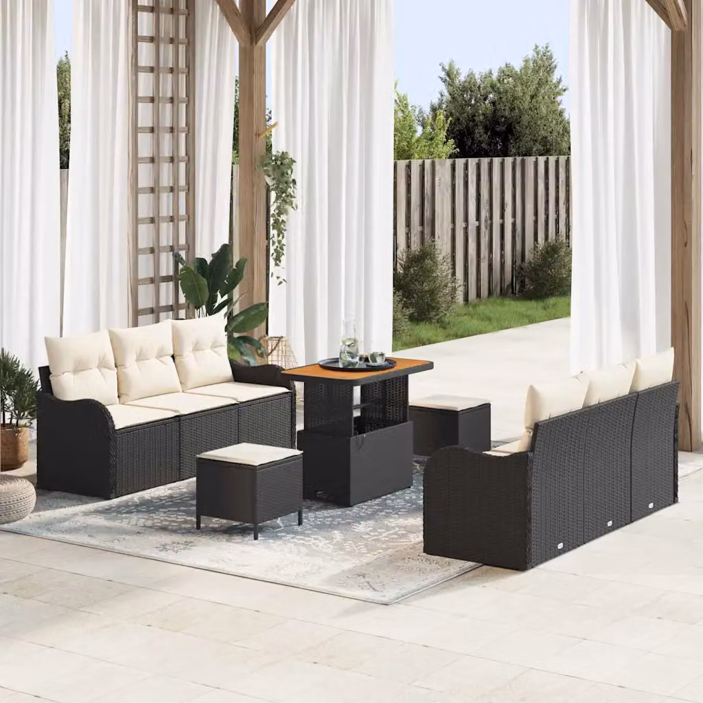 vidaXL Set Divano da Giardino Moderno 9 Pezzi con Cuscini Nero e Beige – 1