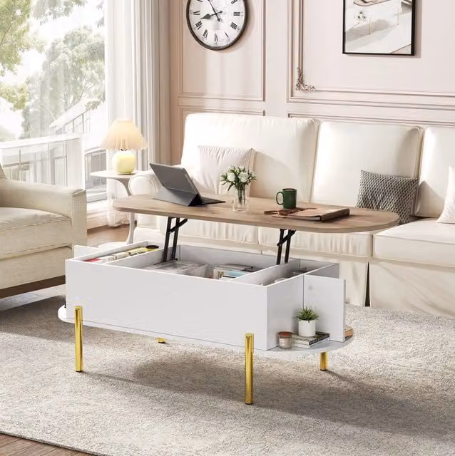 Tavolino da soggiorno MODFU con meccanismo sollevabile in MDF bianco e dettagli oro, L/P/H: 120 x 50 x 43 cm
