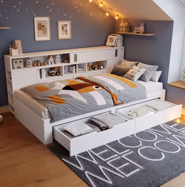 Letto singolo 90x200 cm con rete a doghe, 2 cassetti e vani in MDF bianco