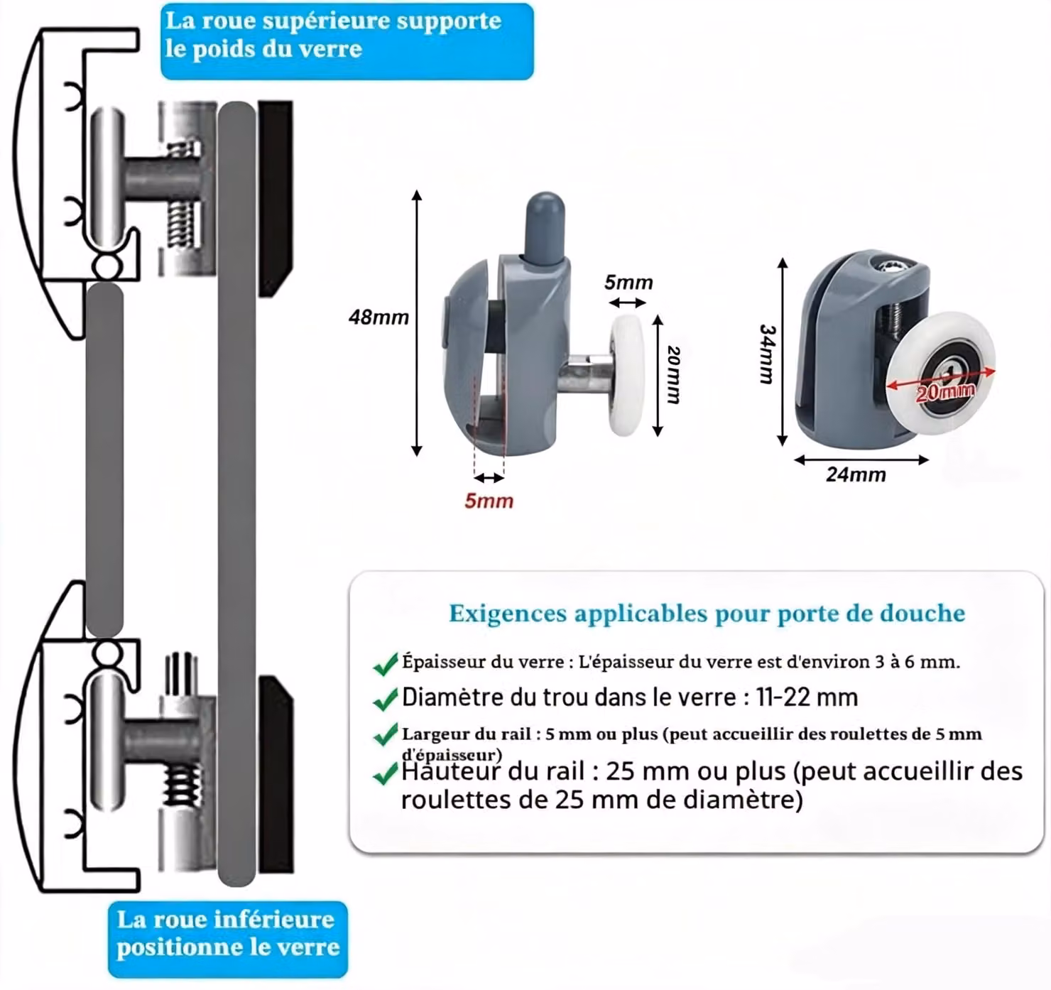 Set di 8 rotelle per porte doccia, adatte sia alla parte superiore che a quella inferiore, diametro 20 mm