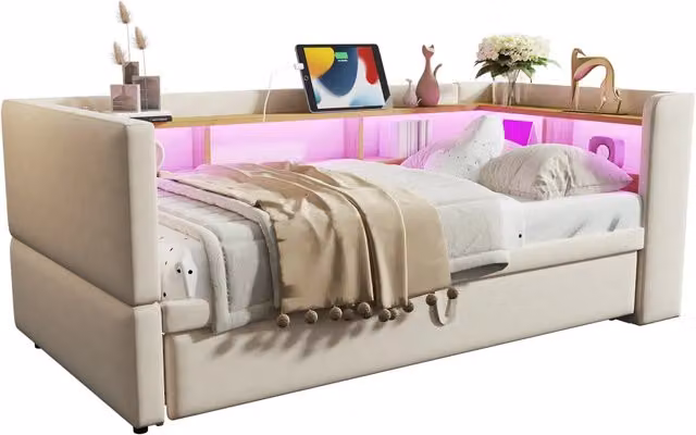 Divano Letto Estraibile 90/180x190 cm Beige con Prese e Vani Portaoggetti