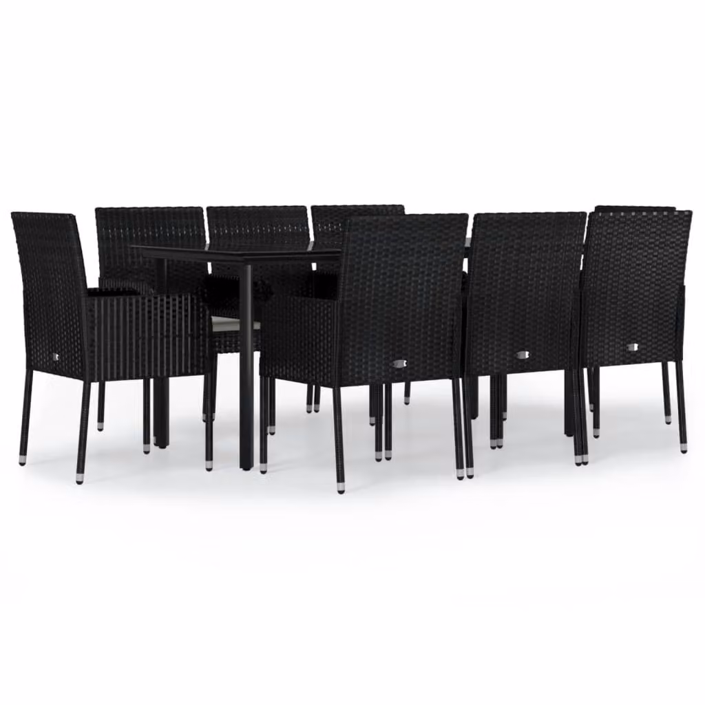Set da Pranzo da Giardino 9 pz con Cuscini Nero in Polyrattan