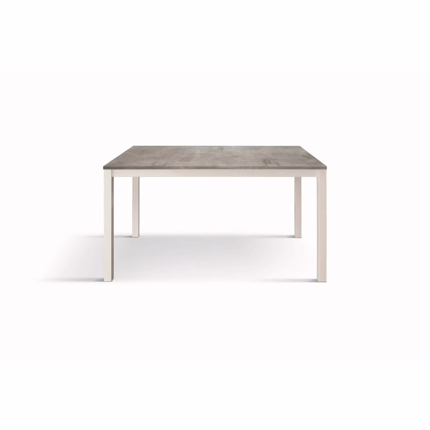 Tavolo TROPEA in legno, finitura grigio cemento e base in metallo verniciato bianco, allungabile 140×80 cm – 190×80 cm