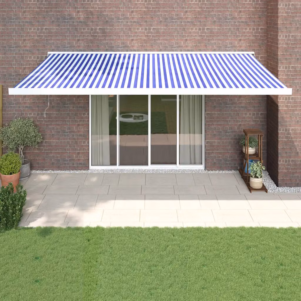 Tenda da Sole Retrattile vidaXL con Bracci Pieghevoli in Alluminio e Tessuto in Poliestere, Blu e Bianca, L: 5 m x P: 3 m