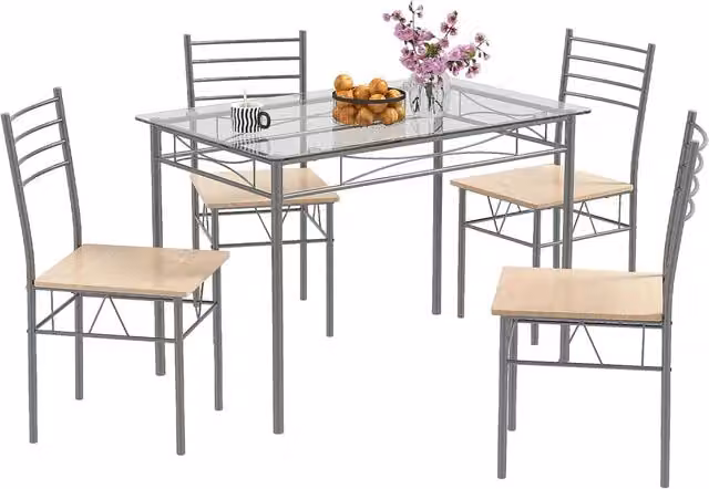 Set Tavolo e 4 Sedie da Pranzo Moderno Costway con Tavolo Rettangolare in Vetro Trasparente e Struttura in Metallo