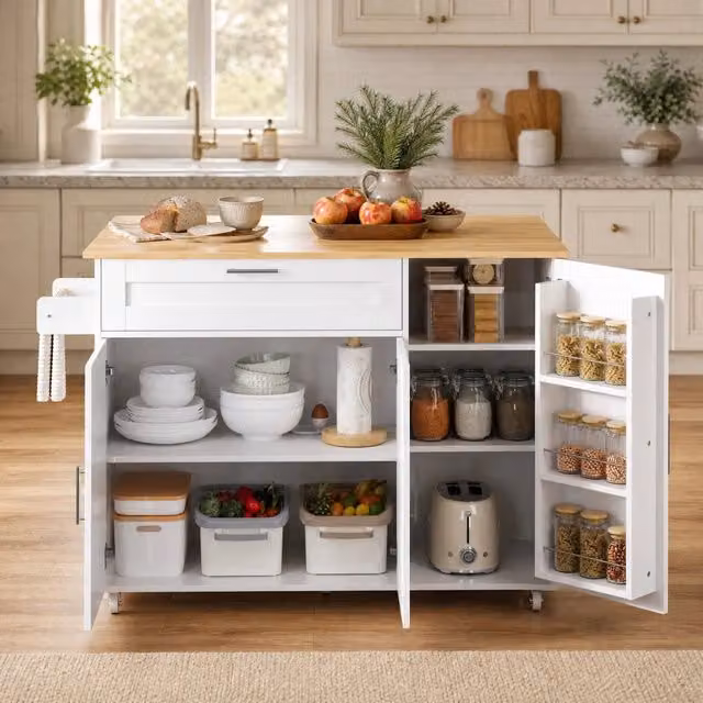 Carrello cucina con piano ribaltabile 132;5x44(70)x90 cm in MDF bianco naturale