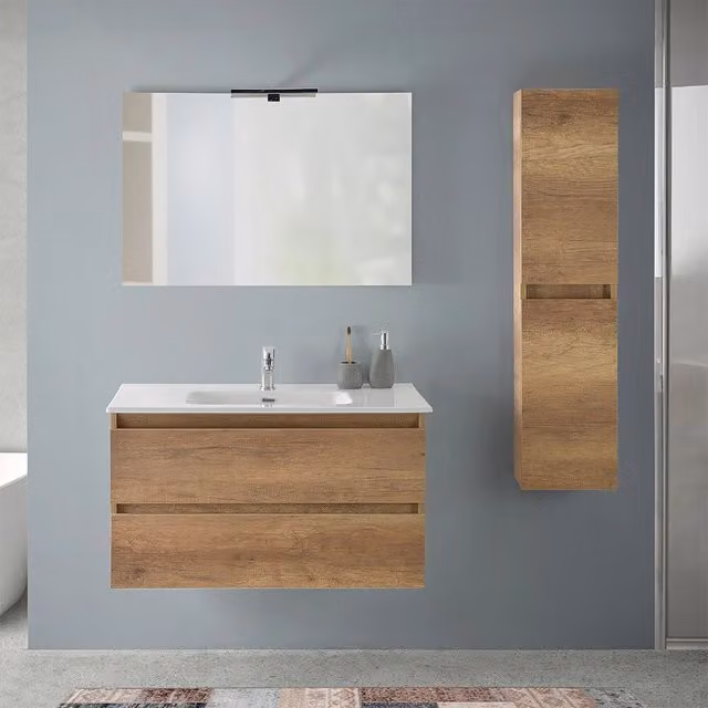 Mobile bagno sospeso INBAGNO Nadia in rovere naturale con pensile, L: 90 cm, H: 125 cm, P: 46 cm