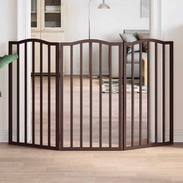 Cancello pieghevole per cani vidaXL in legno di pioppo, 3 pannelli, colore marrone rovere, larghezza: 150 cm