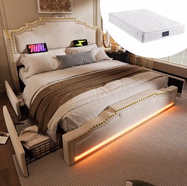 Letto 160x200 cm con 4 cassetti, LED, USB e USB-C, in velluto beige con materasso