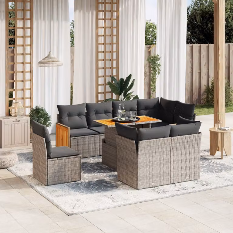 Set Divano da Giardino vidaXL 9 pz a Forma a U in Polyrattan Grigio con Cuscini e Tavolino da Caffè