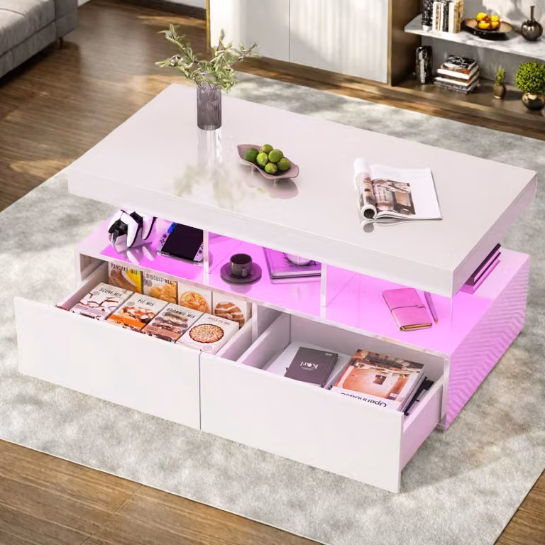 Tavolino ProximaX, tavolino da salotto con vano portaoggetti nascosto per soggiorno, ufficio, tavolino con vano portaoggetti e cassetto e striscia luminosa a LED 104 x53x46cm