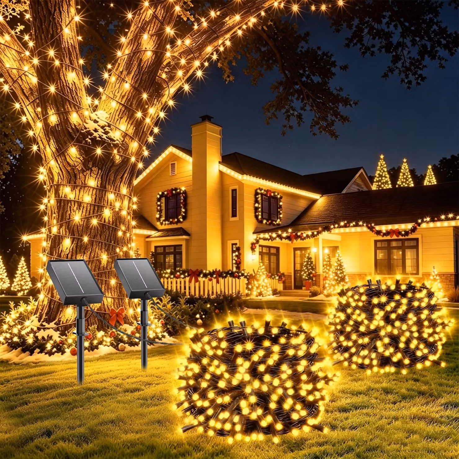 Catena luminosa solare, 12 metri, 100 LED, 8 modalità, luce bianca calda